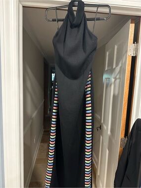 St. John Black Halter Gown with Multicolor Side Trim